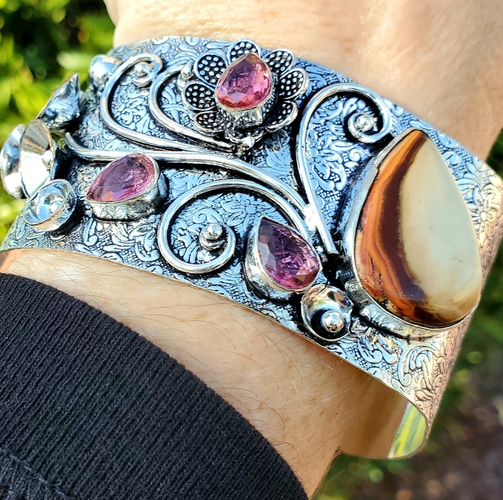 New Unique Mookaite Jasper and Rubellite Adjustable Cuff 925 Silver Bracelet.